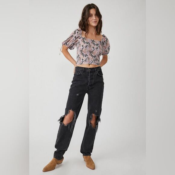 NWT Free People Top Back On Top Crop Floral Smocked Tie Puff Soft Combo XS - Picture 4 of 10